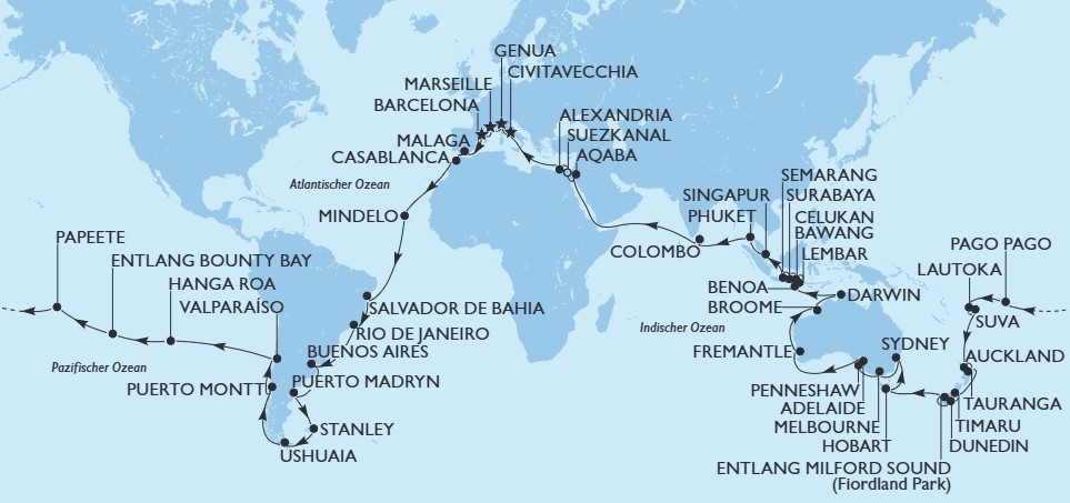 119 Nächte MSC Kreuzfahrten Weltreise 2029 mit MSC Magnifica ab/bis Genua